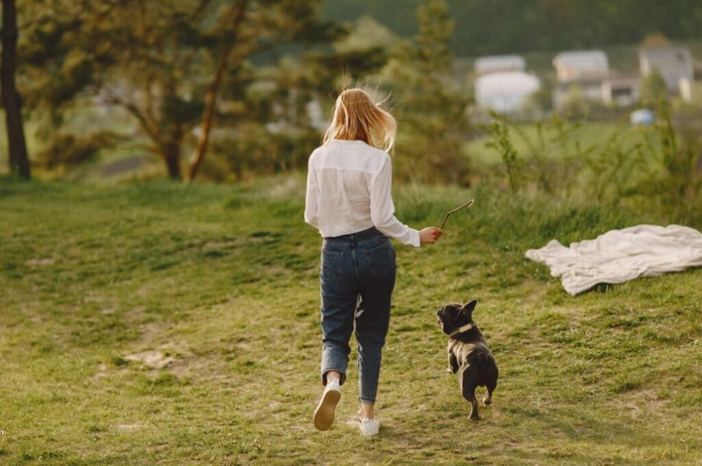 A woman and a French bulldog walking on a rural path